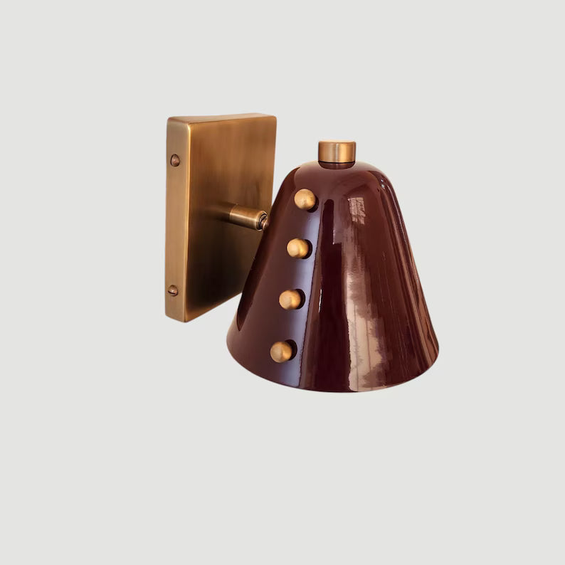 Bold Cone Brass Wall Sconce Burgundy Shade with Rivet Accents – Handcrafted Mid-Century Design