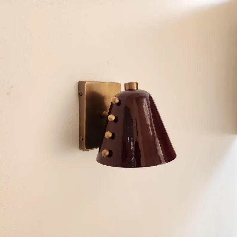 Bold Cone Brass Wall Sconce Burgundy Shade with Rivet Accents – Handcrafted Mid-Century Design