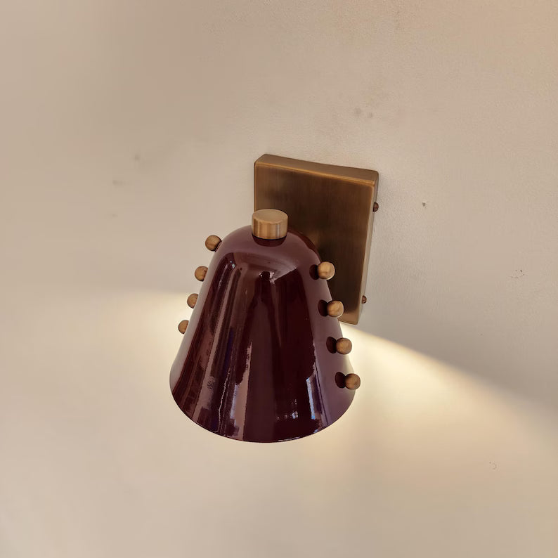 Bold Cone Brass Wall Sconce Burgundy Shade with Rivet Accents – Handcrafted Mid-Century Design