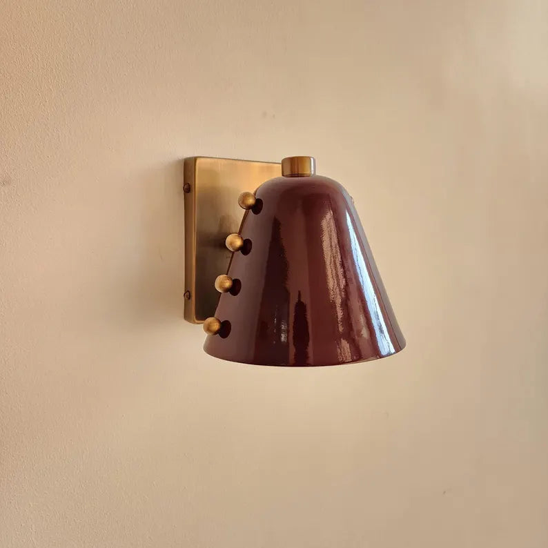 Bold Cone Brass Wall Sconce Burgundy Shade with Rivet Accents – Handcrafted Mid-Century Design